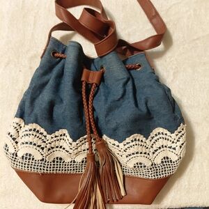 Stylish Denim Lace Blue and Brown Women's Drawstring Bag